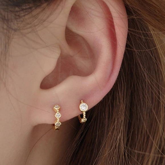 Sterling Silver Gold Huggies with Row of Diamond Shaped Simulated Diamonds - Picture 10 of 10